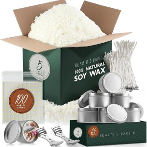Hearth & Harbor Natural Soy Wax and DIY Candle Making Supplies - 5 Lbs. Soy Candle Wax Flakes, Candle Tin Cans with Lid 24 Pack - 4 oz., 100 Cotton Wicks, and 2 Metal Centering Device