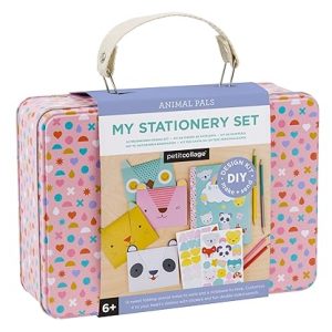 Petit Collage DIY Arts and Crafts Kit, Stationery Design – Craft Kit for Kids Includes 12 Animal Notecards, 1 Blank Journal, 2 Sticker Sheets, 4 Colored Double-Sided Pencils & Instructions